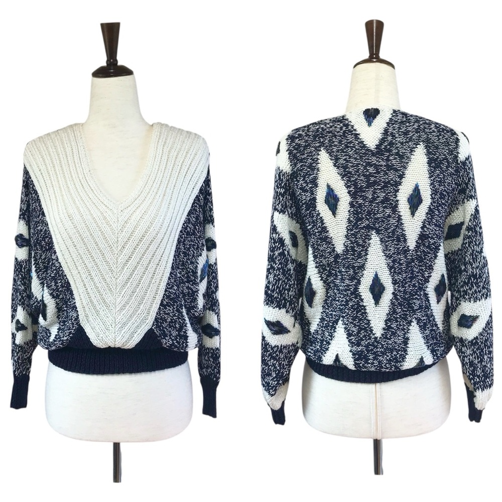 VINTAGE 80s 90s Nannell Hand Knit Beaded Sweater‎ Navy Cream Small Retro V-Neck
